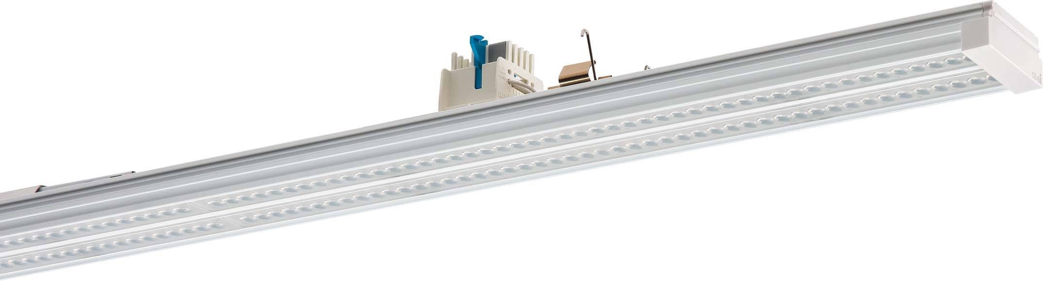 Ein langes, rechteckiges LED-Licht mit silbernem Gehäuse, geeignet zur Deckenmontage, zeigt ein modernes Industrielampendesign.