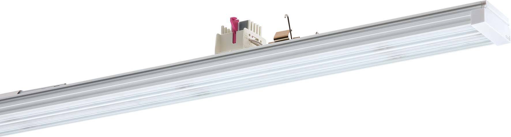 Lange, weiße LED-Leuchte mit integriertem elektronischem Bauteil und einem rosa Schalter auf der Oberseite.