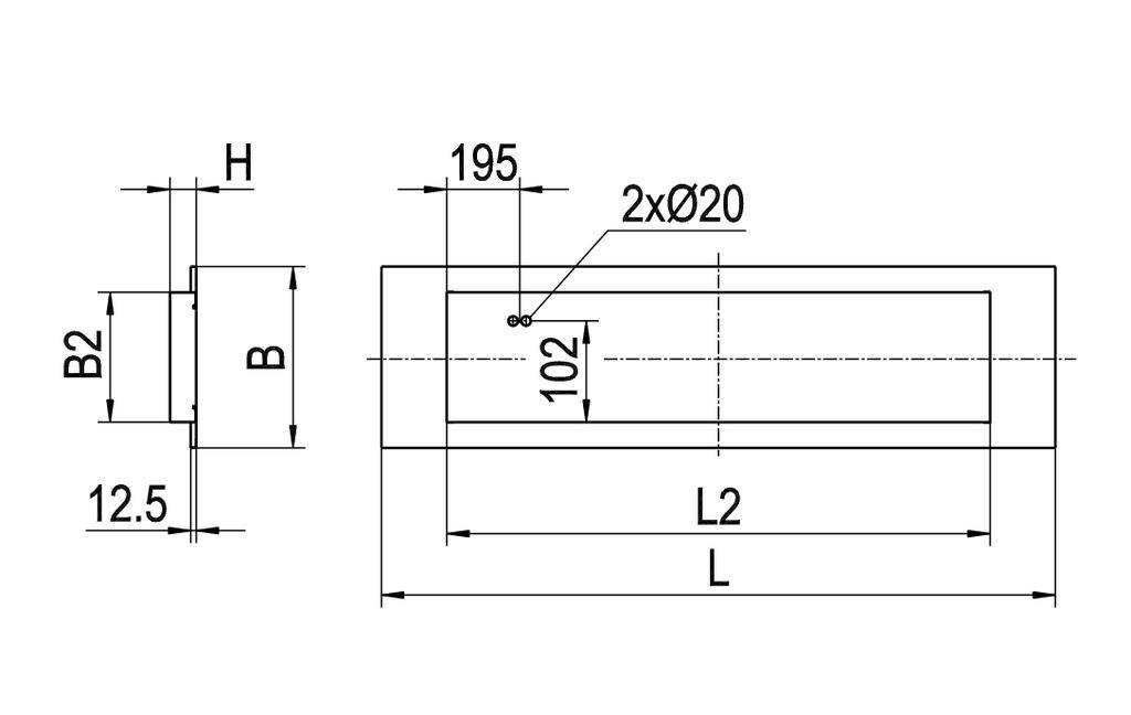 Technische Zeichnung eines rechteckigen Teils mit Maßen: Breite B, Höhe H, Länge L, Löcher Ø20, und Abstand 102 mm.