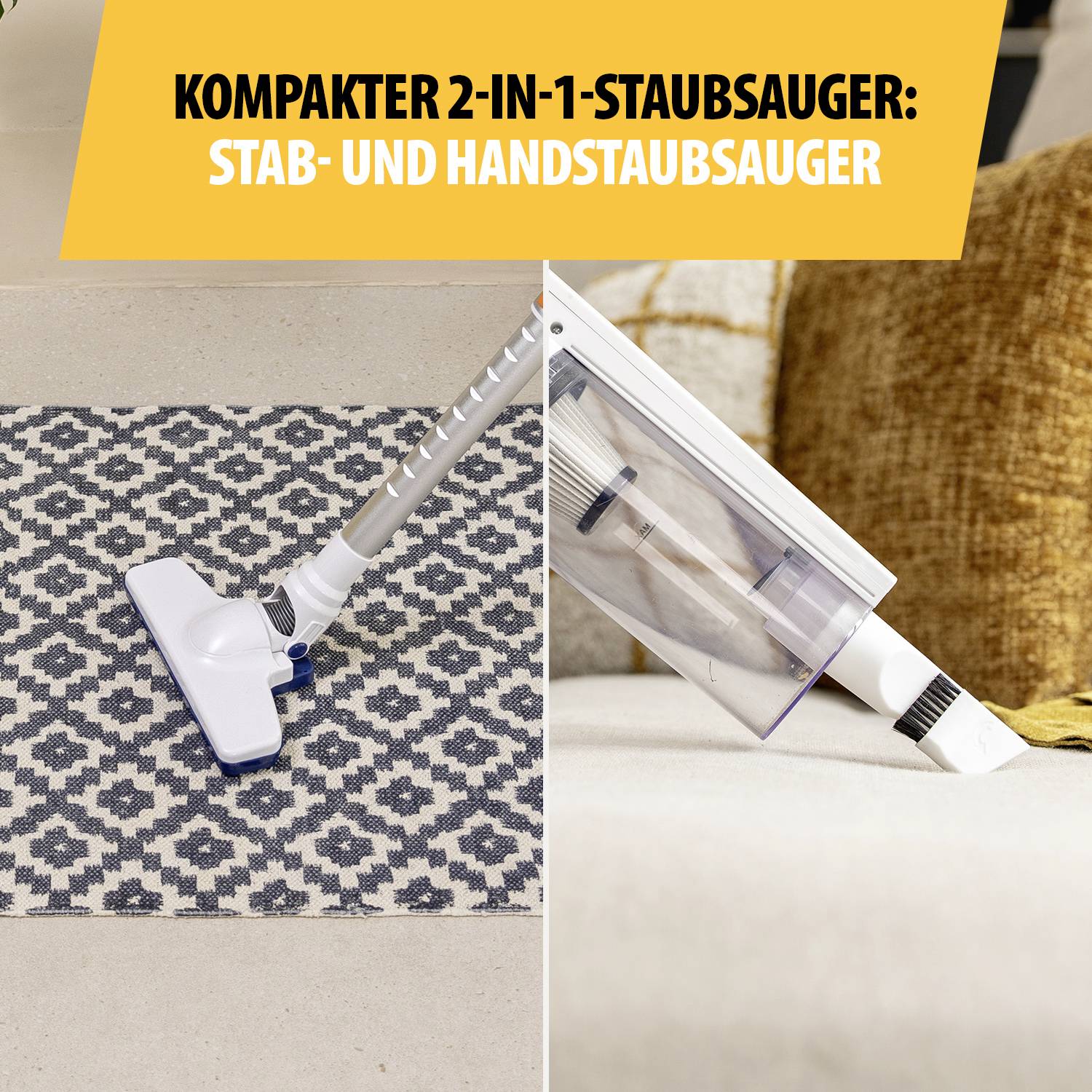 'Kompakter 2-in-1-Staubsauger: Stab- und Handstaubsauger.' Ein Staubsauger reinigt einen gemusterten Teppich und eine Sofaecke.