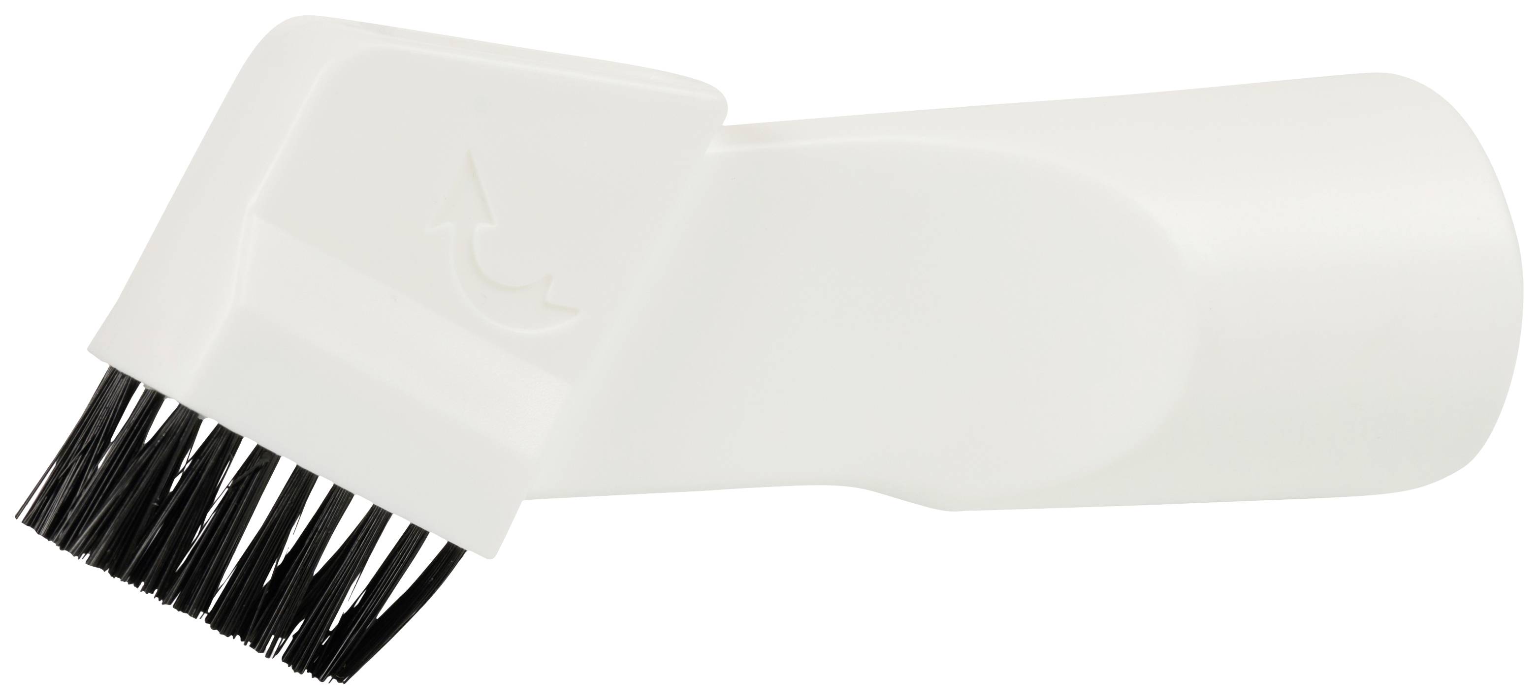 Weiße Kunststoffbürste mit schwarzen Borsten, möglicherweise für Reinigungszwecke.