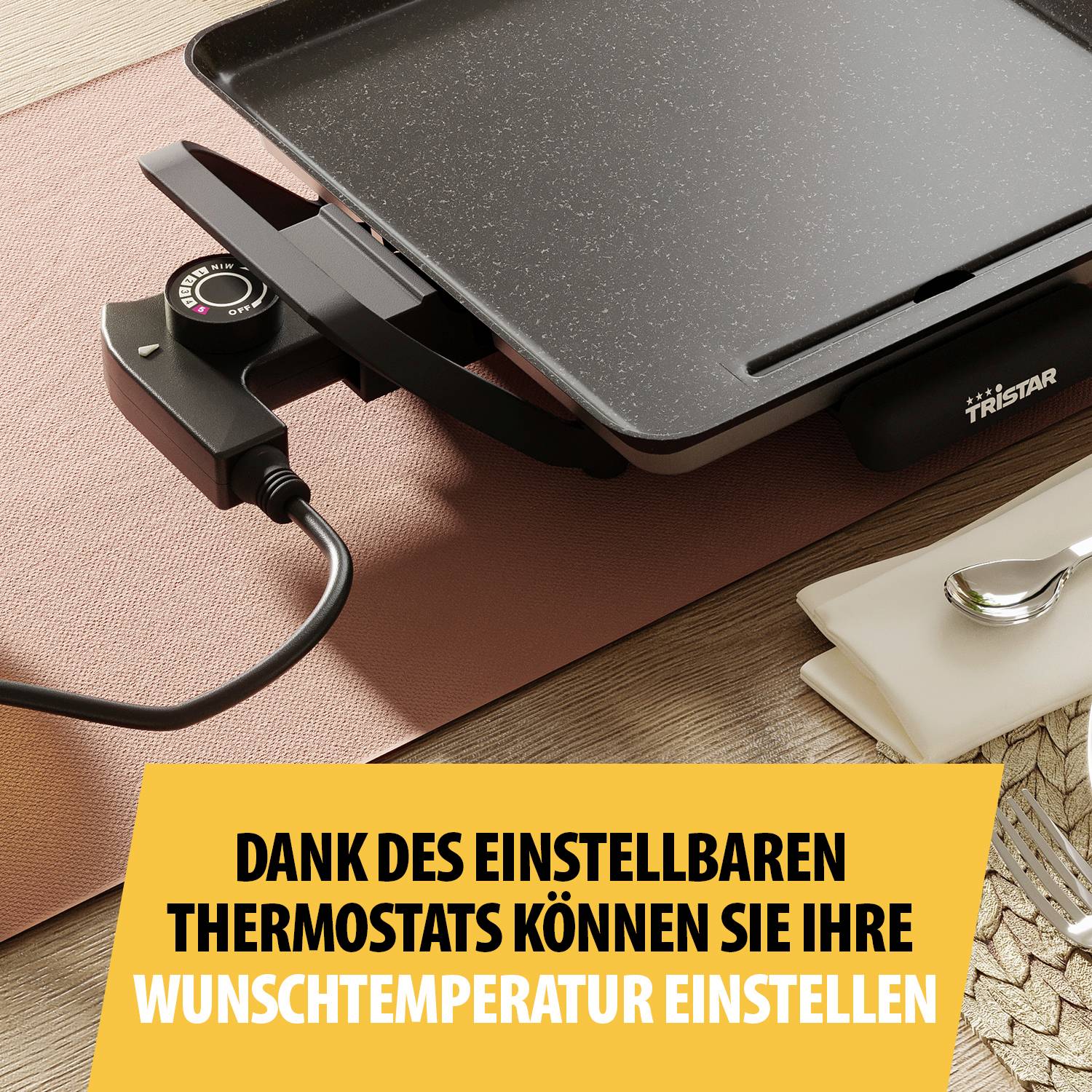 'Elektrisches Grillgerät mit Thermostat auf einem Tisch. Text auf gelbem Hintergrund: 