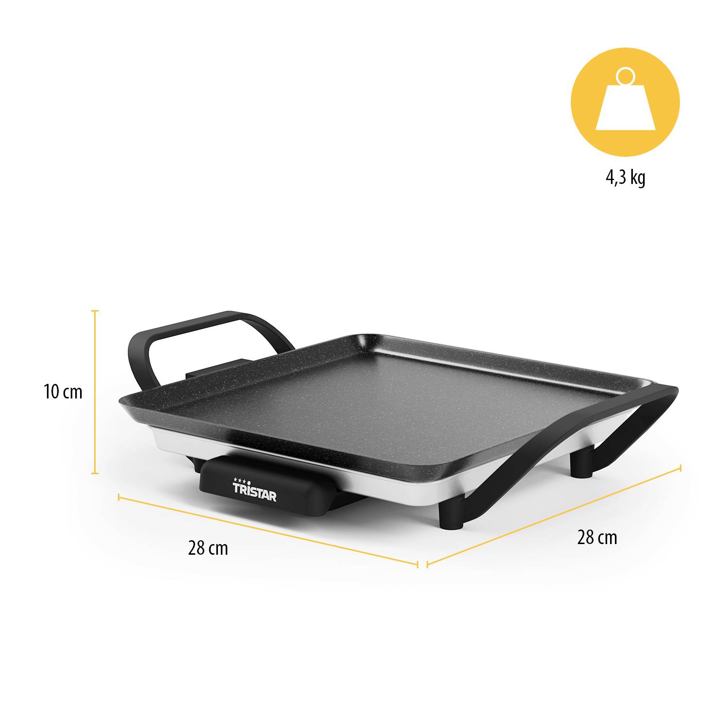 Ein rechteckiger Tischgrill mit 28 cm Länge und Breite sowie 10 cm Höhe, Gesamtgewicht 4,3 kg, markiert mit Markenlogo 'Tristar'.