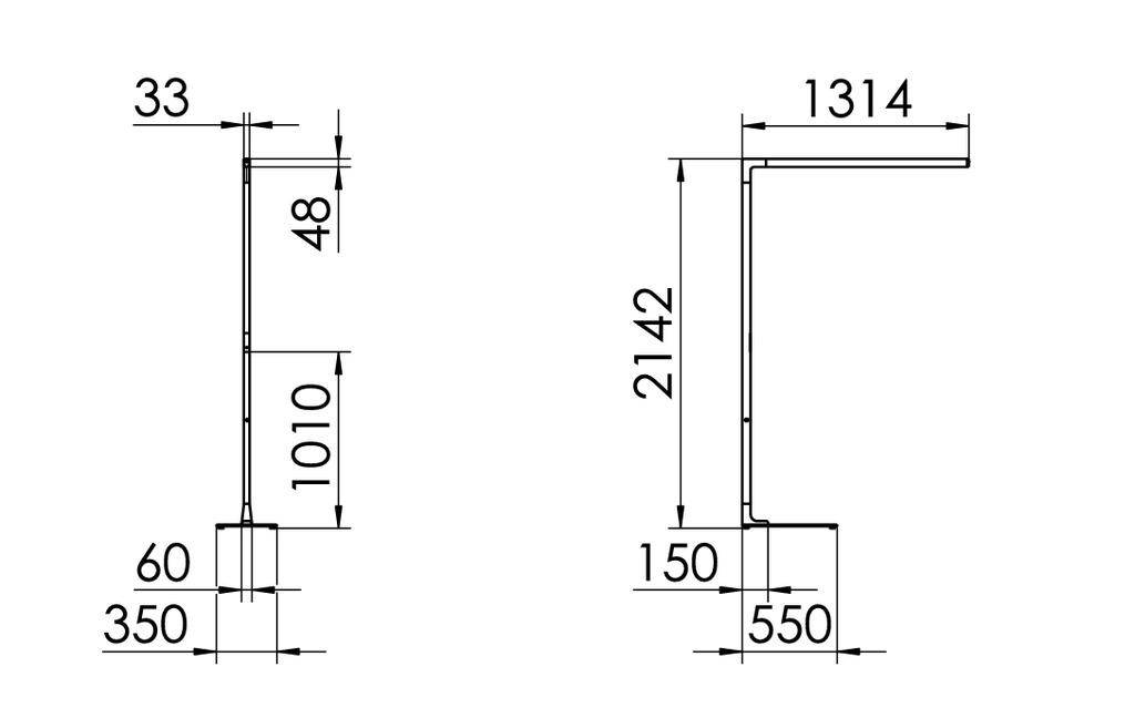 Technische Zeichnung eines Profils mit Maßen: Höhe 2142 mm, Breite 1314 mm, Fußgröße 550x150 mm. Detaillierte Seiten- und Vorderansicht.