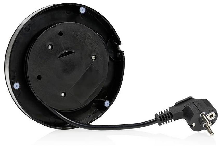 Elektrisches Gerät mit Netzkabel und Stecker, Unterseite mit Befestigungspunkten und Anschlussports.