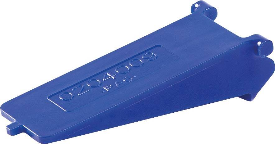 Blauer Kunststoffkeil mit der Nummer '0204009' darauf eingraviert, vermutlich ein Bauteil oder Werkzeug, leicht abgeschrägte Form.