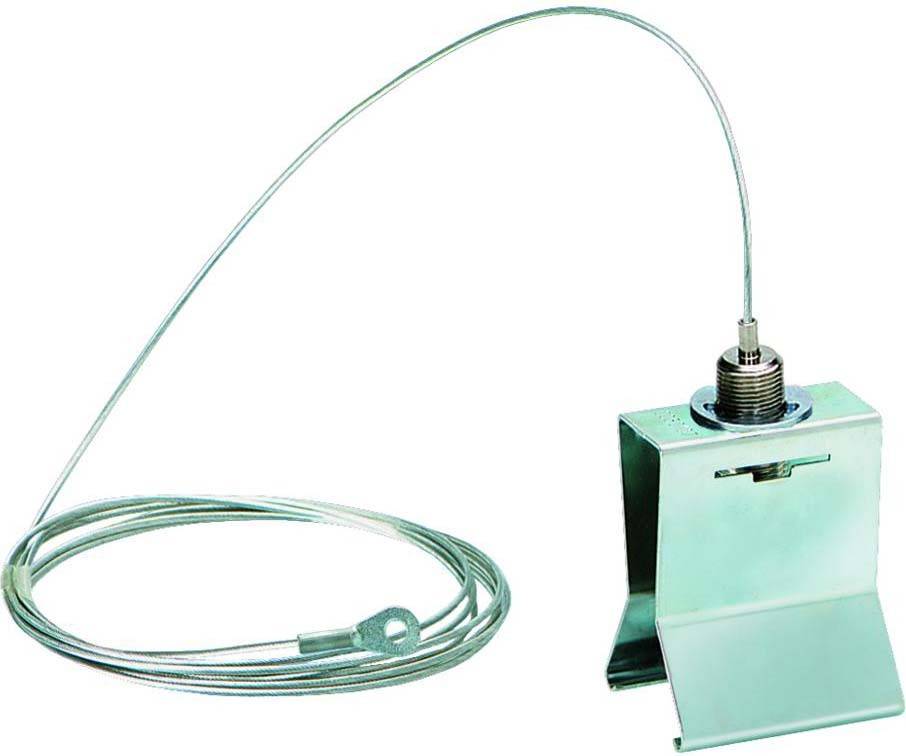 Ein Metallsensor mit Kabel und Öse, montiert auf einem gebogenen Ständer. Geeignet für Temperatur- oder Druckmessungen.