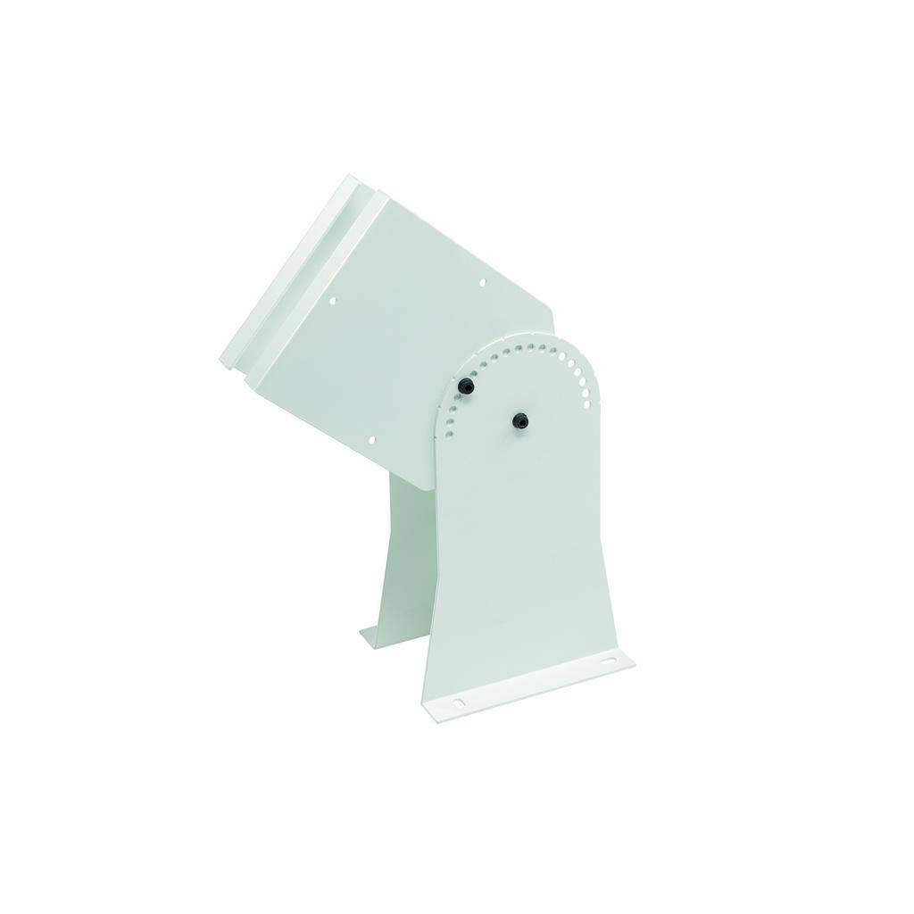 Weißer metallener Montagewinkel für Kameras, mit neigbarer Halterung und mehreren Befestigungslöchern.