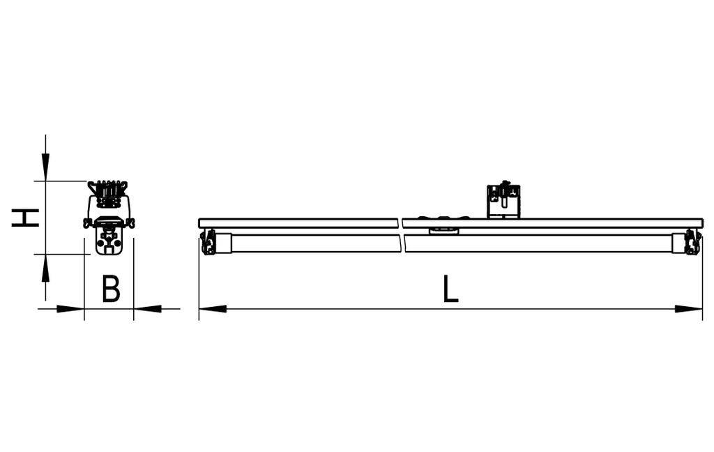 Technische Zeichnung eines linearen Führungssystems mit den Maßen Höhe (H), Breite (B) und Länge (L) von Bauteilen.