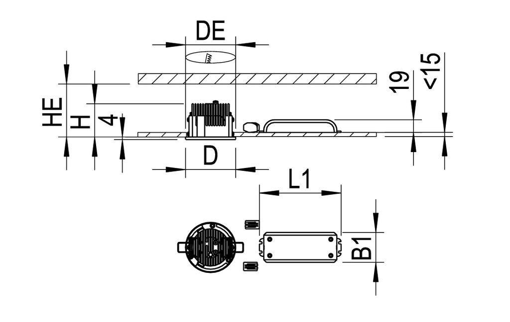 Technische Zeichnung eines Bauteils mit Abmessungen: DE, D, HE, H, L1, B1. Seitenansicht und Draufsicht dargestellt.