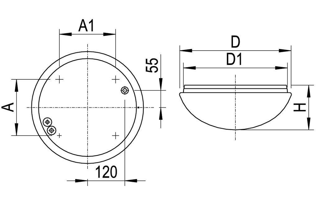 Technische Zeichnung eines runden Waschbeckens mit Maßen: Durchmesser A, A1; Höhe H; Tiefe D, D1. Enthält Befestigungspunkte.
