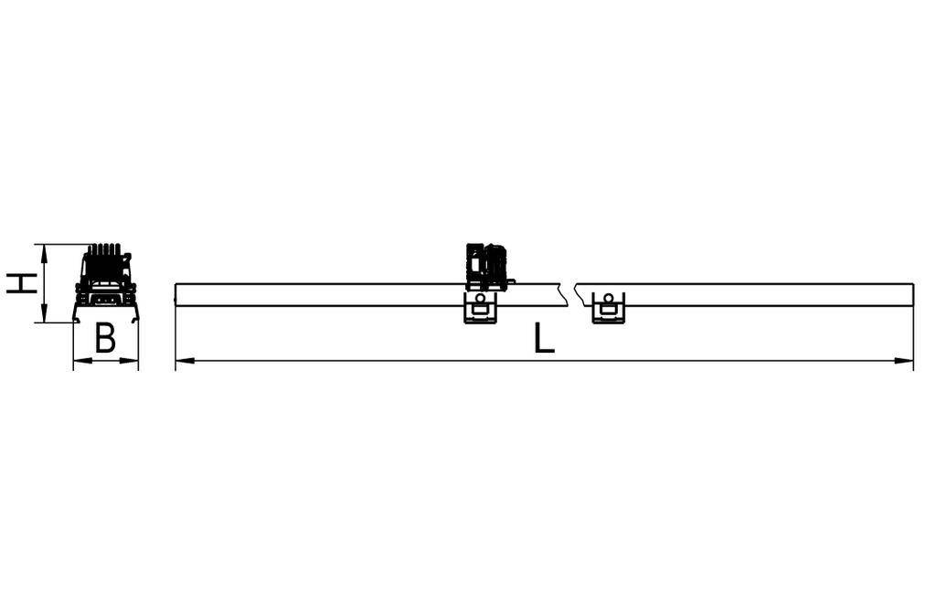 Technische Zeichnung einer Schiene mit Maßen. Oben ist die Höhe (H) und Breite (B) markiert. Die Länge (L) wird ebenfalls angezeigt.