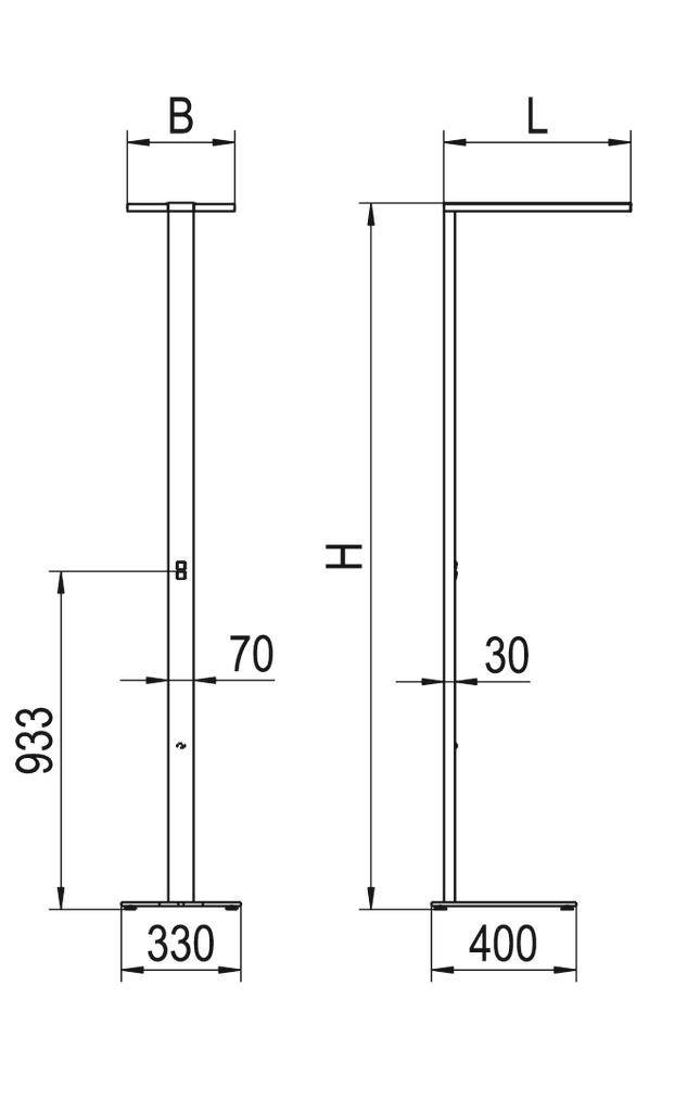 Technische Zeichnung eines L-förmigen Ständers mit Höhen- (933) und Breitenangaben (B: 330, L: 400), sowie 2 Querstreben.