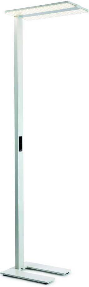 Stehlampe in modernem Design mit rechteckigem Lampenschirm und schmalem, hohen Ständer, geeignet für Büro- oder Wohnräume.