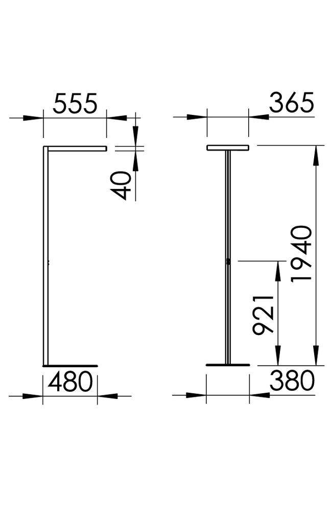 Zwei technische Zeichnungen eines Metallprofils mit Maßen: Links 555x480 mm, rechts 365x380 mm. Höhe links 40 mm, rechts 1940 mm.