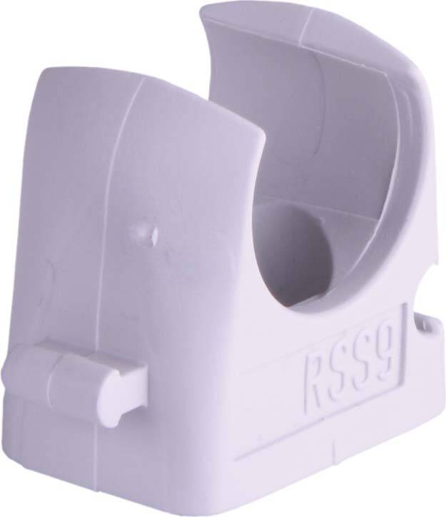Ein weißer Kunststoffhalter mit abgerundeter Kante, mit der Aufschrift 'RS99' an der Seite.