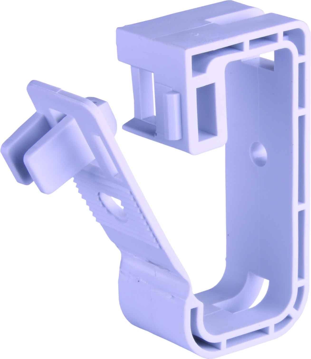 Kabelclip aus Kunststoff, weiß, zur Befestigung und Führung von Kabeln an Wänden oder Decken.