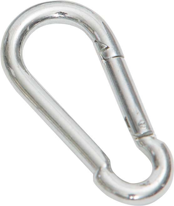 Ein silberfarbener Karabinerhaken.