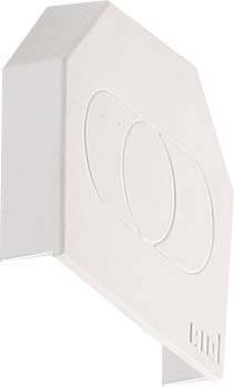 Ein weißer, moderner Wandhaken mit geometrischem Design und zwei ovalen Abbildern, montiert auf einer weißen Fläche.