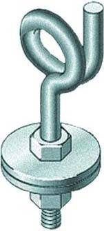 Ein metallischer Haken mit Schraubgewinde und rundem Kopf, der auf einer runden Platte montiert ist. Verwendet zur Hebezeugaufhängung.