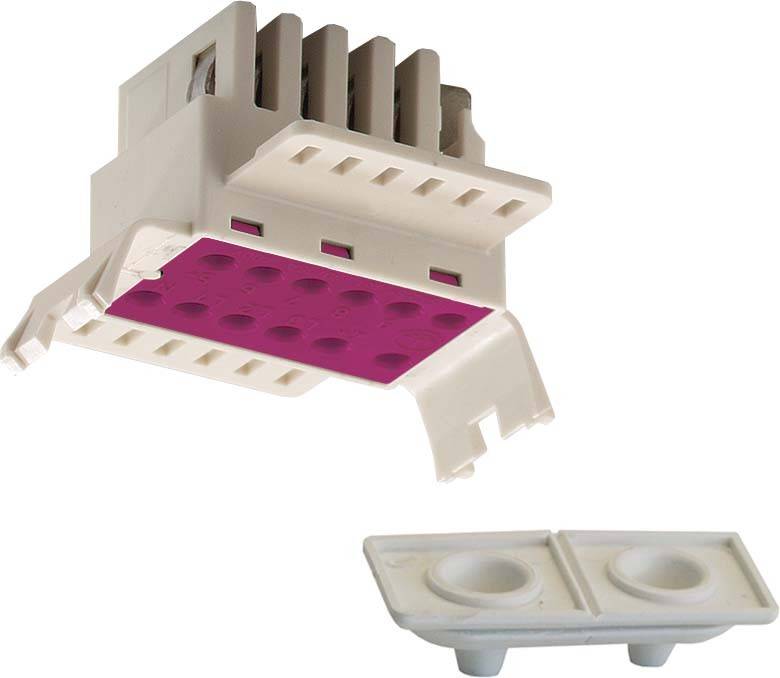 Ein weißes elektrisches Bauteil mit rosa und grauen Elementen. Darunter liegt eine kleine rechteckige weiße Abdeckung.