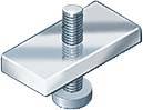Eine rechteckige Metallplatte mit einem Gewindebolzen und einer runden Mutter, die durch die Platte geschraubt ist.