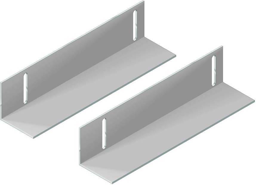 Zwei graue Metallwinkel mit Langlöchern zur Montage, nebeneinander dargestellt.