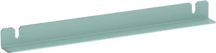 Einzelnes, grünes, rechteckiges Metallregalbrett mit Haken an den Enden für die Befestigung an einer Wand.