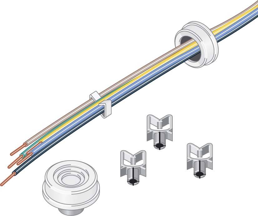 Mehradriges Kabel durch eine Wandbuchse geführt; drei Befestigungsklammern zur Kabelverankerung sind daneben abgebildet.