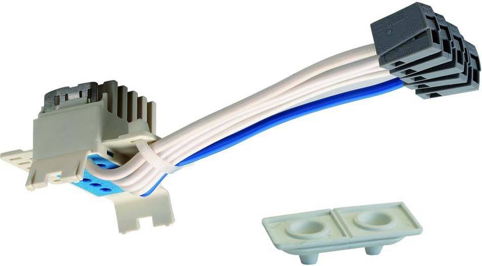 Ein Kabelbaum mit Stecker und fünf Drähten, blau und weiß, verbunden mit einem weißen plastikähnlichen Halter. Separat liegende weiße Abdeckung.