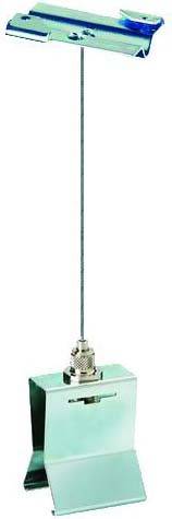 Ein Metalldraht hängt an einem blauen Halter und endet in einer silbernen Klemme. Geeignet zur Befestigung und Spannung.