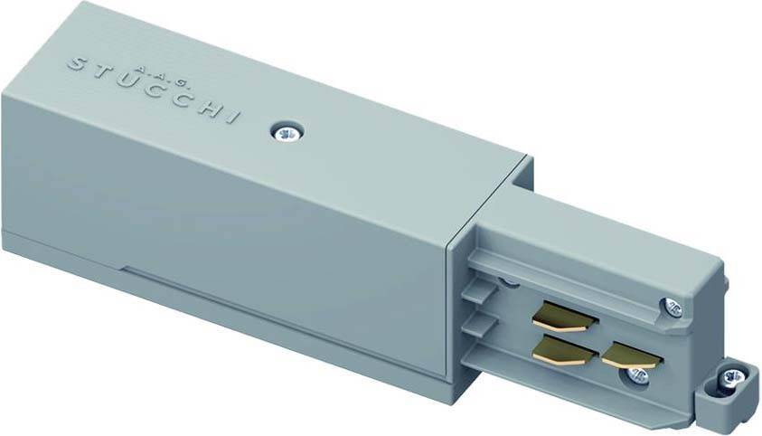Graue elektrische Steckverbindung mit zwei Metallkontakten, beschriftet mit 'STUCCHI'.