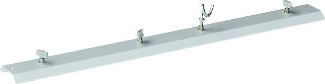 Metallschiene mit vier verstellbaren Metallclips in regelmäßigen Abständen zur sicheren Befestigung oder Präsentation von Gegenständen.