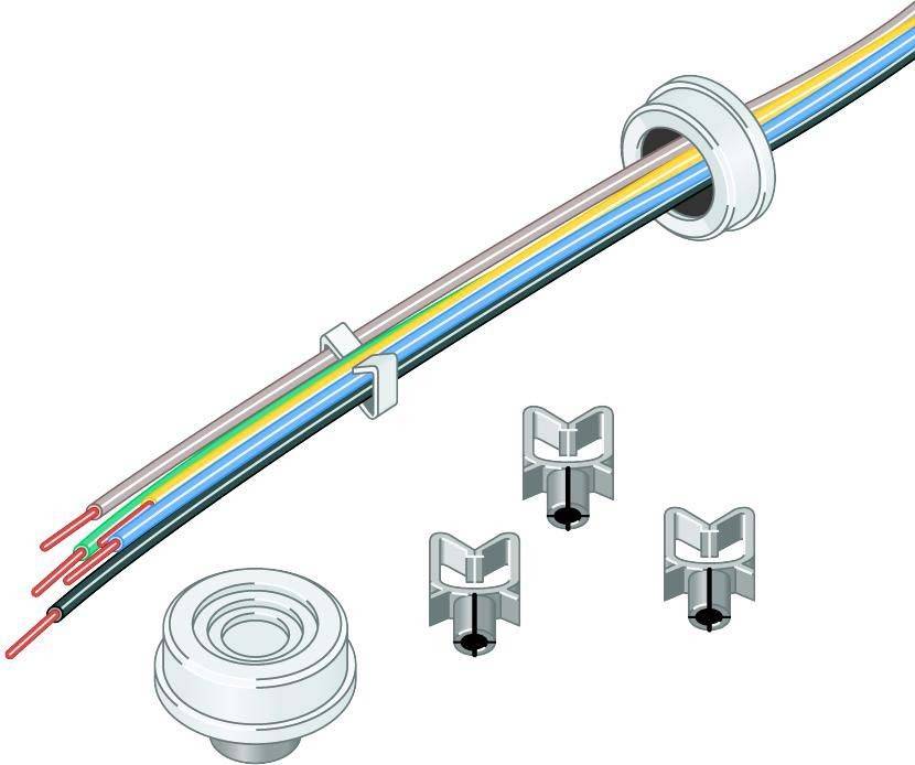 Ein Kabel mit mehreren farbigen Leitungen wird durch eine Dichtung geführt. Drei Klemmen für die Befestigung sind darunter abgebildet.