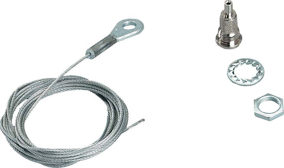 Stahlseil-Set bestehend aus einem Stahlseil mit Öse und Befestigungselementen, darunter eine Mutter und ein Nippel.