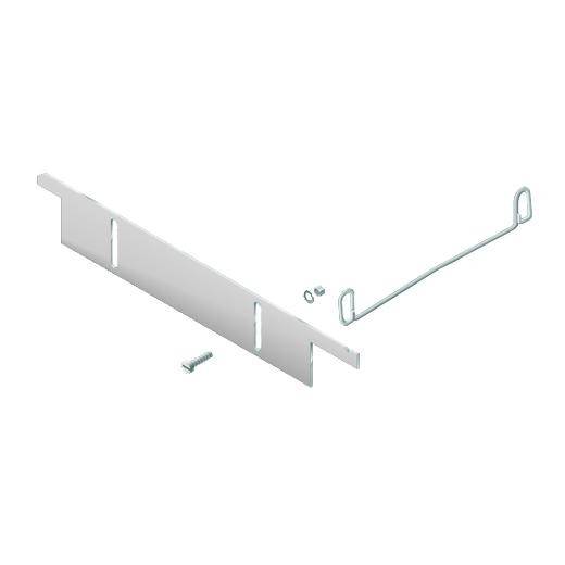 Montagezubehörset bestehend aus einem flachen Metallteil und mehreren Schrauben, zur Befestigung an einem nicht sichtbaren Objekt.