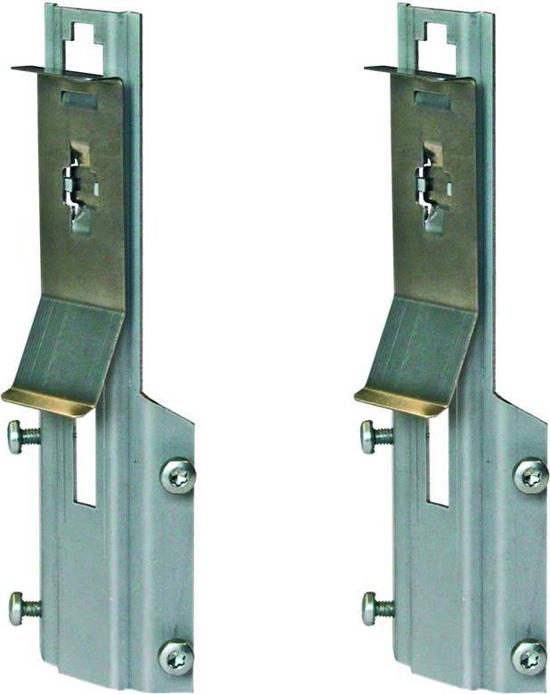 Zwei Metallhalterungen für Trockenbauschienen, bestehend aus verzinktem Stahl, mit verstellbaren Schrauben zur Befestigung.