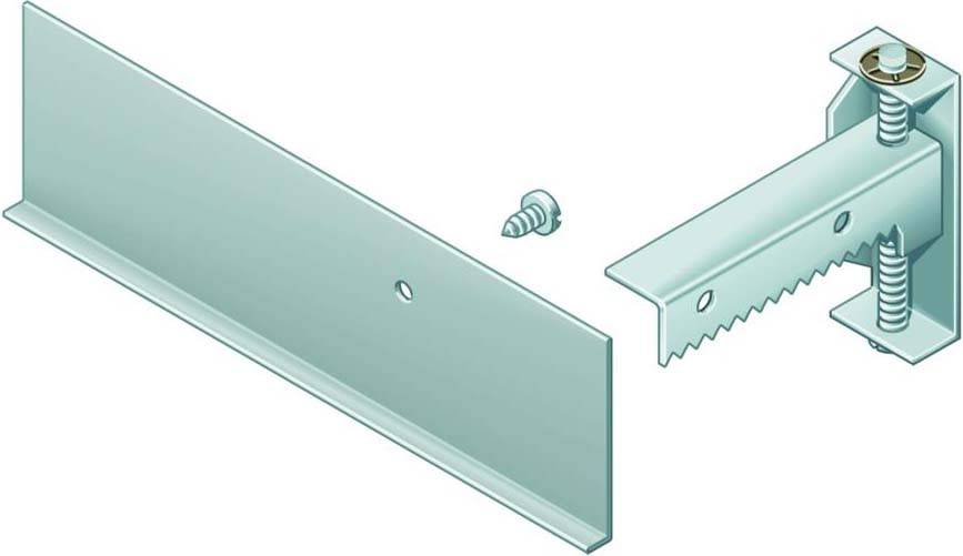 Metallwinkelhalterung mit Schraube und verstellbarem Zahnmechanismus, vermutlich zur Befestigung oder Stabilisierung genutzt.