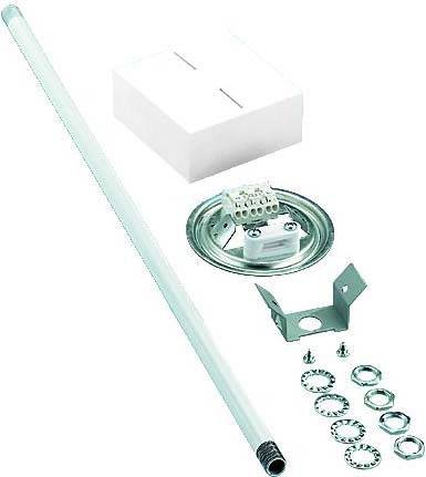 Set mit weißen Metallteilen und Zubehör für Montagearbeiten, bestehend aus Stange, Halterungen, Schrauben und Klemmen.