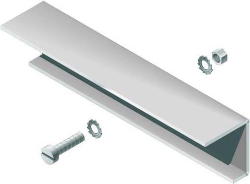 Metallwinkel mit Schraube, Mutter und zwei Zahnscheiben abgebildet. Komponenten des Montagekits für Strukturverbindungen.