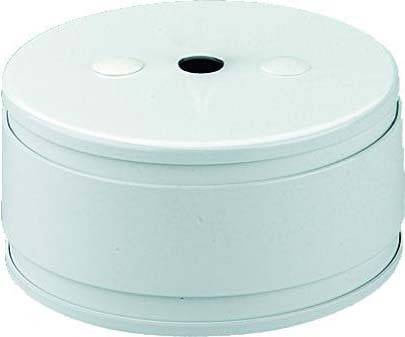 Weiße, runde Metallbox mit Loch in der Mitte.