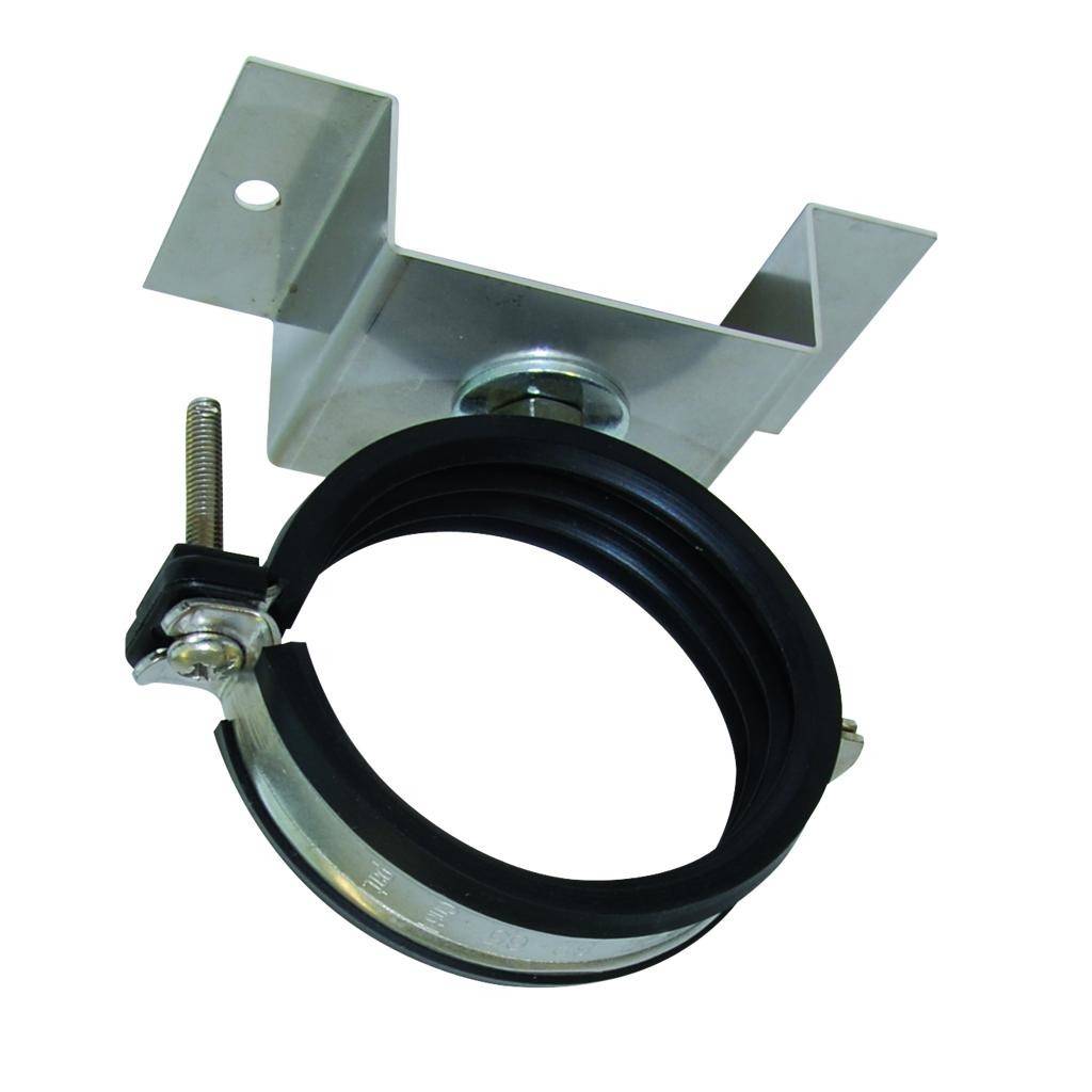 Rohrschelle aus Metall mit Gummieinlage und Befestigungskomponente. Geeignet zur Fixierung von Rohren an Wänden oder Decken.