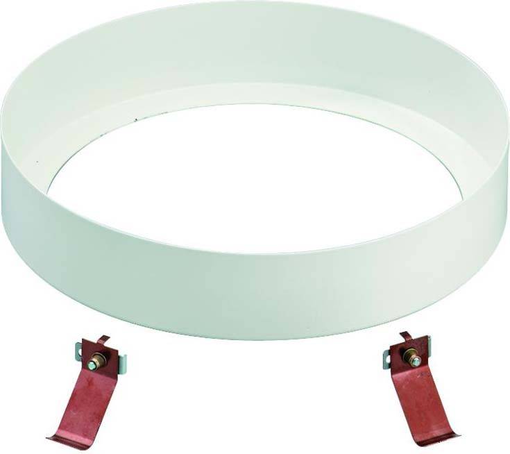 Ein runder, weißer Abdeckring mit zwei kleinen roten Metallhaltern darunter, die zur Befestigung dienen.