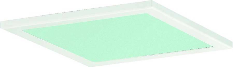 Ein rechteckiges, dünnes LED-Panel in weiß mit einem leuchtend grünen Licht in der Mitte, montiert an einer Decke.