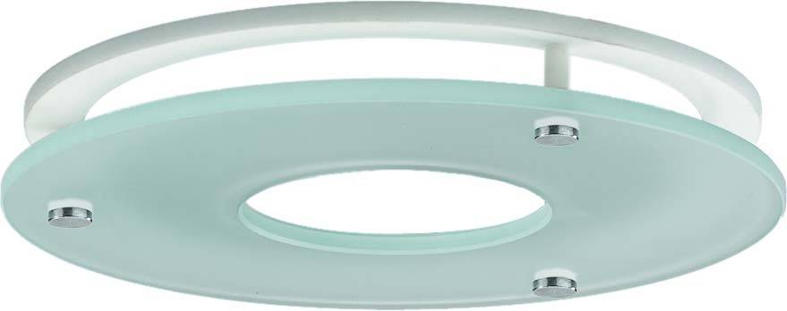 Moderne Deckenleuchte mit zwei runden, übereinander liegenden Glasplatten und metallischen Befestigungselementen.