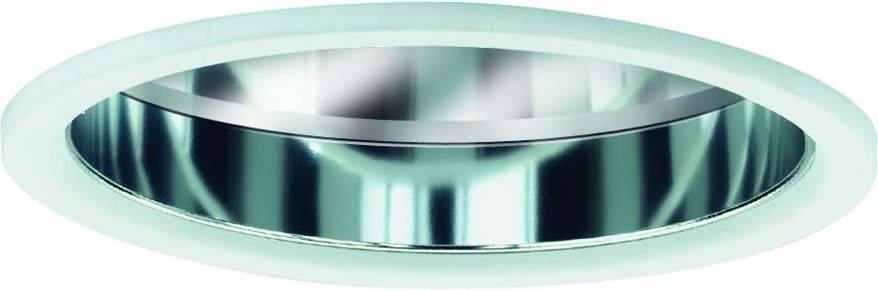 Kreisförmige Deckenlampe mit metallischem Reflektor und leuchtendem Rand.