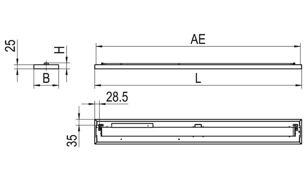 Technische Zeichnung eines rechteckigen Metallprofils mit den Maßen 25x35 mm, Längen 'L' und 'AE', Breite 'B', Höhe 'H'.