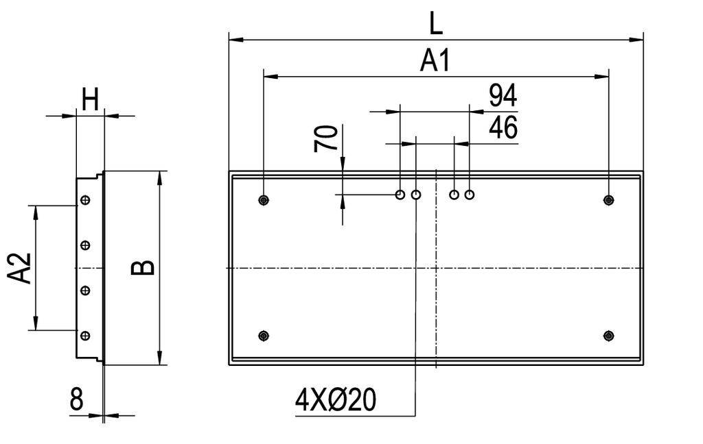 Technische Zeichnung eines rechteckigen Bauteils mit Maßangaben. Zeigt Positionen und Durchmesser der Bohrlöcher, Höhe, Breite und Länge.