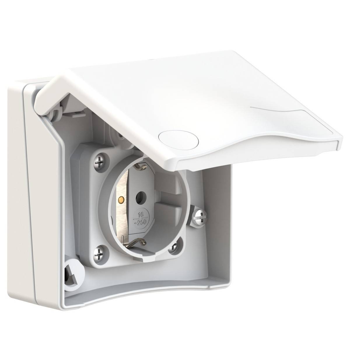 Eine weiße Außensteckdose mit Wetterschutzklappe, leicht geöffnet und für den Einsatz im Freien gedacht.