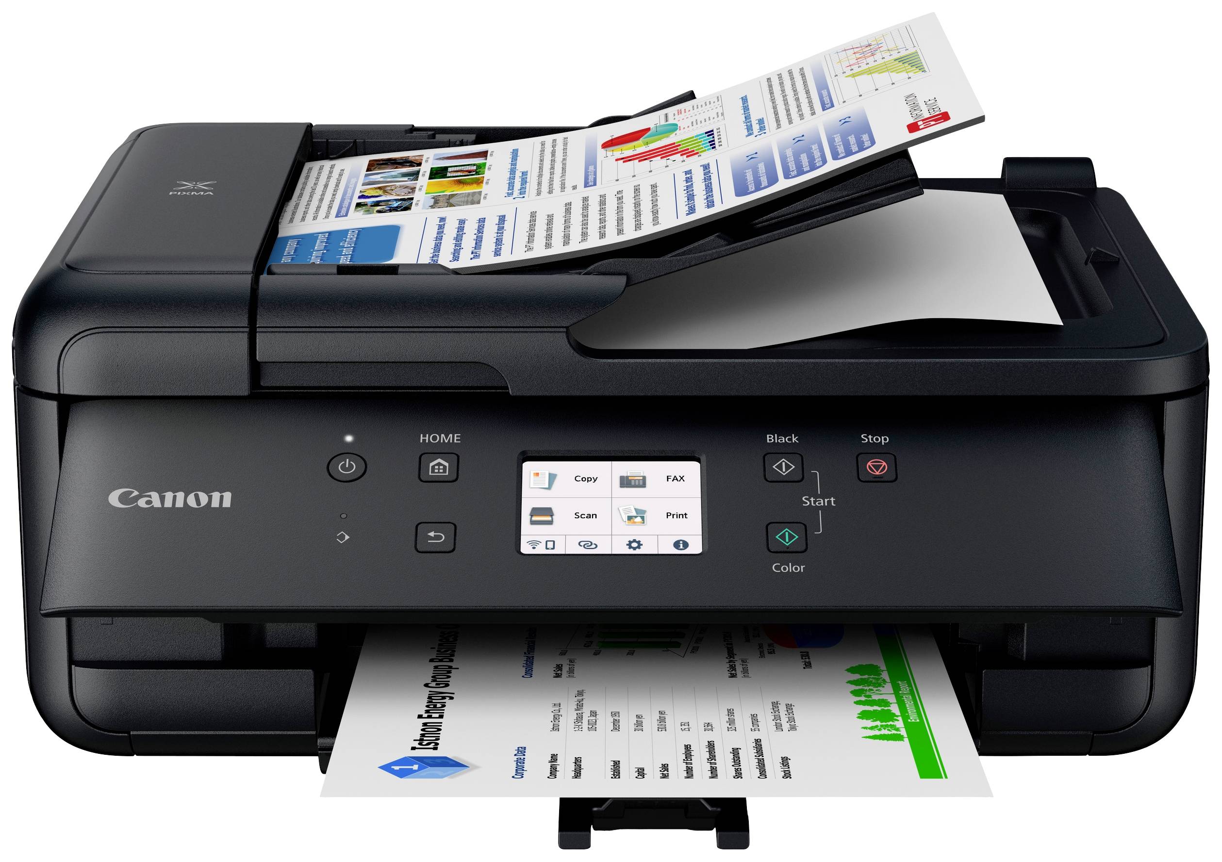 Multifunktionsdrucker druckt ein Dokument, während ein anderes eingescannt wird. Hauptsteuerungstasten sichtbar auf der Vorderseite.